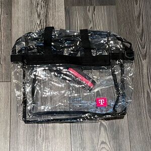 NEW Clear Stadium Tote Bag with Pink and Black Striped Guitar Style Strap